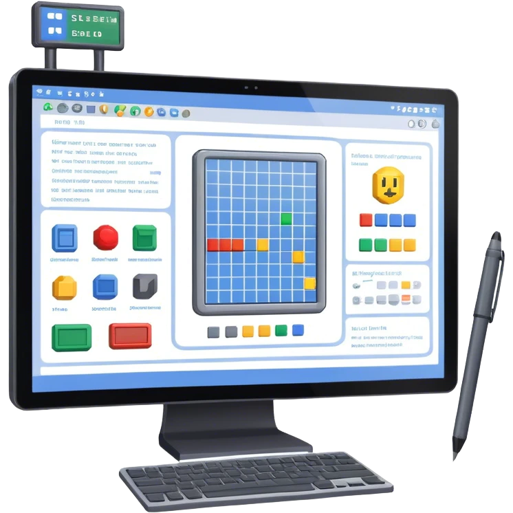 Emoji for Game Design: computer screen with Professional game development interface, 3D models, pixel art and design tools like grid, wireframe, and stylus. Symbolizes the technical and creative process of game development. Transparent background. emoji