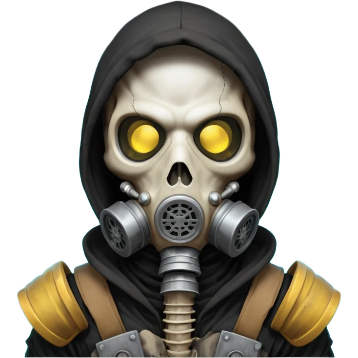 skeleton wearing a gas mask portrait, head and shoulders only, visible rib cage bones, cracked skull, dark hood, glowing eyes inside the mask, post-apocalyptic vibe, dramatic lighting, 3D cartoon, mobile game icon style, clean background, no text, no watermark
 emoji