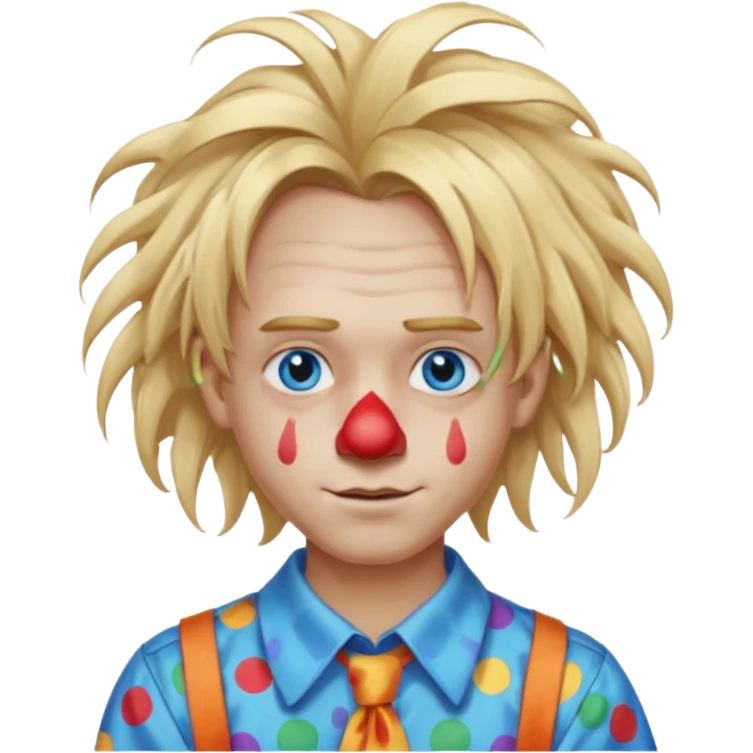 clown boy with messy very long long blonde hair blue eyes, designer shirt and hair pins emoji