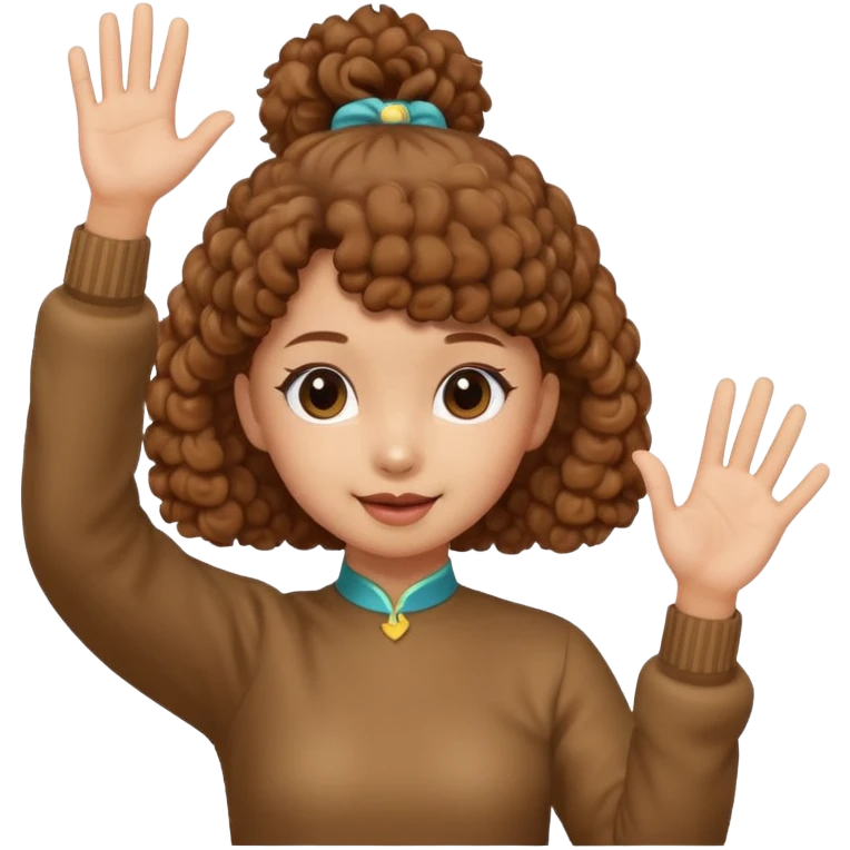 Brown mini poodle with Asia ponytail girl waving hand emoji