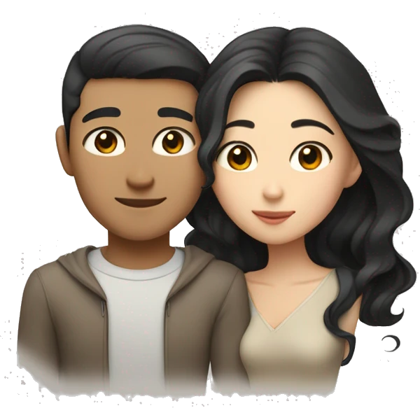 A half pale Asian man with short dark hair and amber eyes embracing and loving a half Asian woman with long wavy dark hair and dark hazel eyes. They love each other a lot And have good fashion taste. emoji