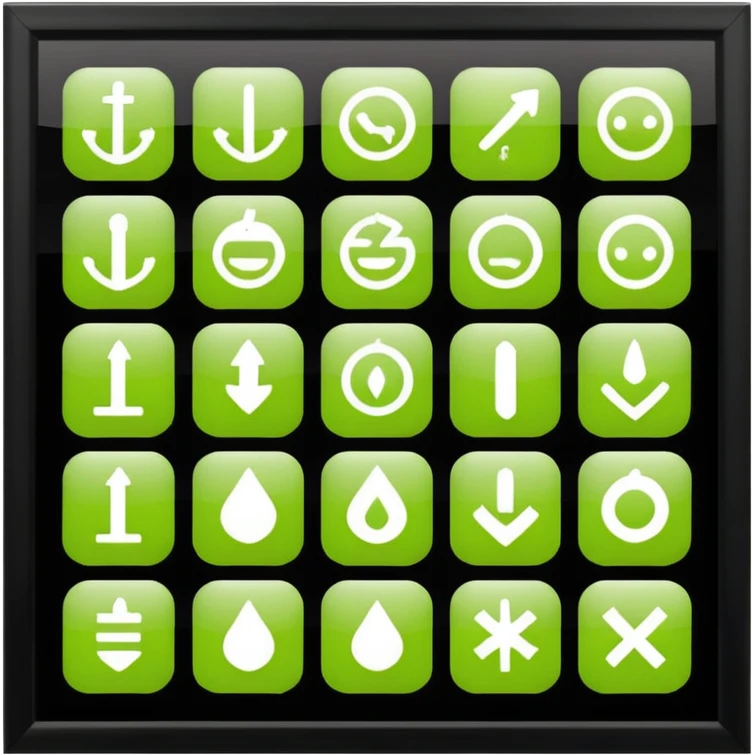Redraw all icons perfectly centered in square dark gray frames, bright lime green symbols, glossy effect, sharp clean flat design, high contrast, uniform size, pixel-perfect alignment emoji
