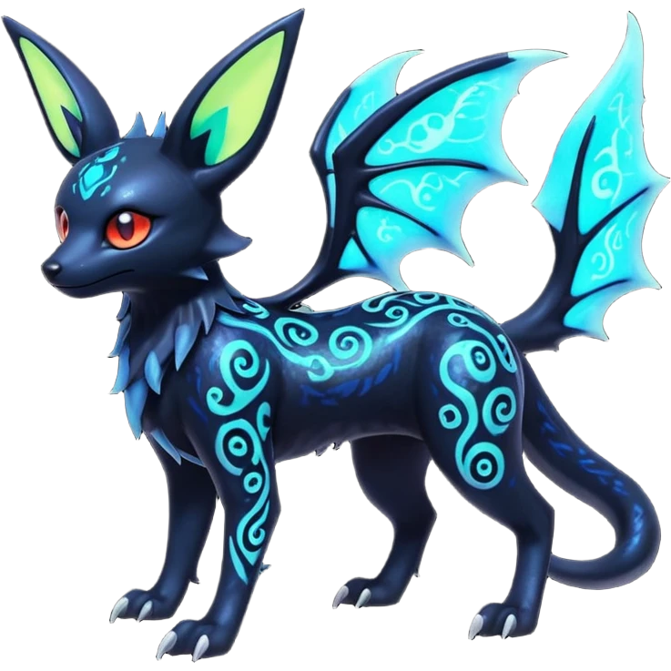 Shiny Fiery Dark Ugly Evil Realistic Glowing Eldritch Horror Cool Edgy Badass Emo Glorious Demonic Batty Punky Aural Iridescent Fluorescent Bioluminescent Umbreon-Amaura-Salandit-Litten-Flareon-Fakémon-fusion (full body) with intricate pattern markings emoji