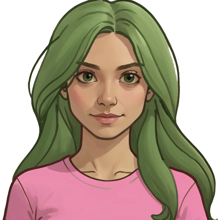 Tan woman with long dirty blond hair with brown roots and brown eyes with a pink shirt emoji