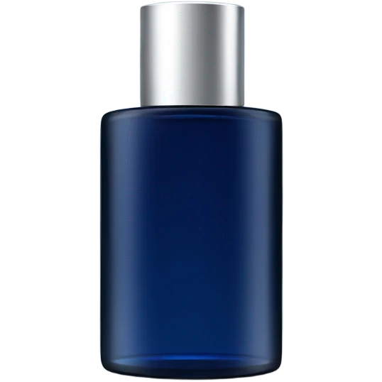 Dark blue cylindric perfume bottle for man with white rectangular label on the front and silver cap emoji