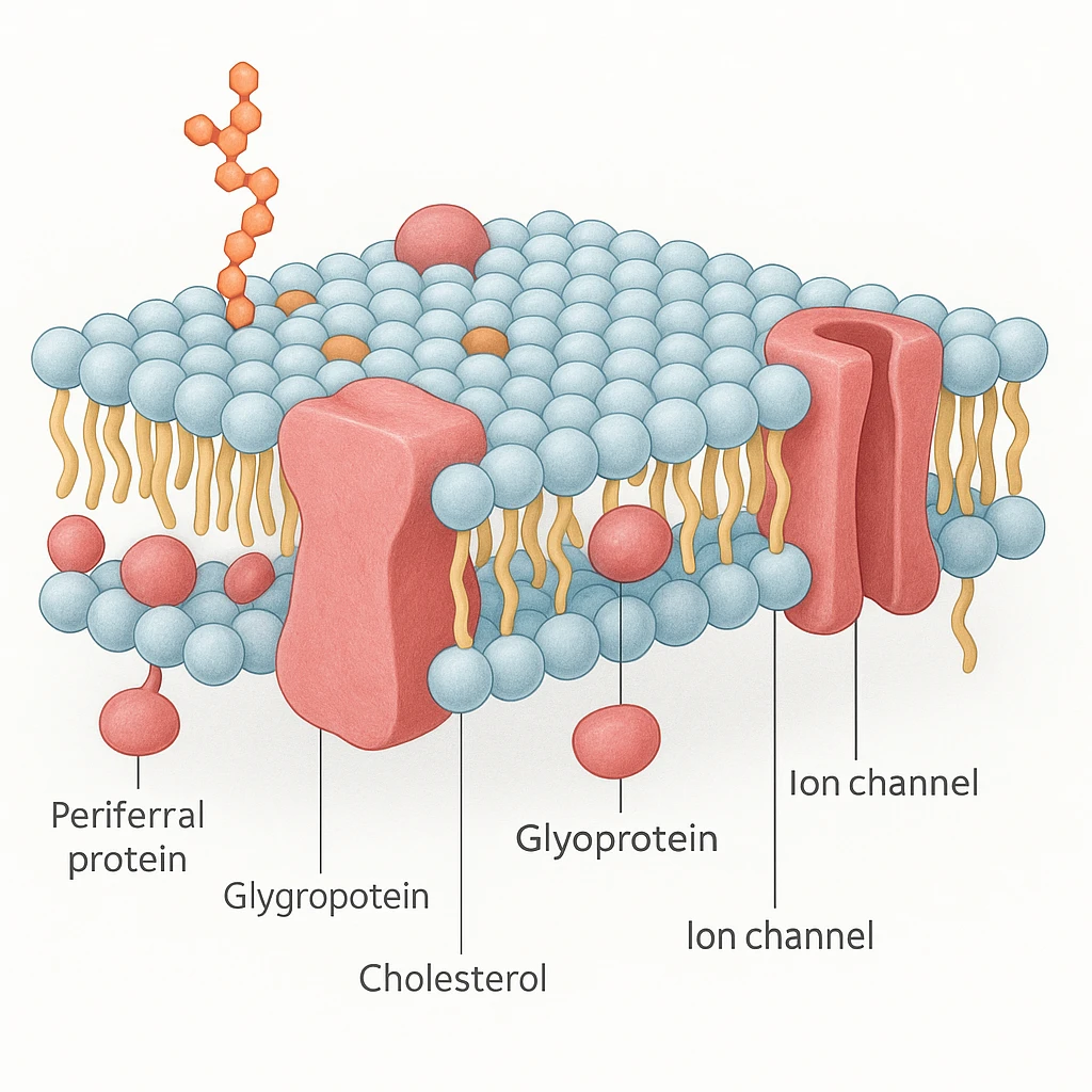 A highly detailed, scientifically accurate cross-section of a biological cell membrane (lipid bilayer) on a white background, ultra-realistic 3D illustration. Show the phospholipid bilayer with hydrophilic heads (round, polar) facing outward and hydrophobic tails (chains) inside. Include embedded proteins (integral and peripheral), cholesterol molecules (small, rigid), glycoproteins with sugar chains, and ion channels. The style should be clean, lab-textbook style, with subtle shadows and depth. Use a color scheme: light blue for hydrophilic heads, yellow for hydrophobic tails, red/pink for proteins, and orange for cholesterol. Microscope-like precision, no artistic stylization. emoji