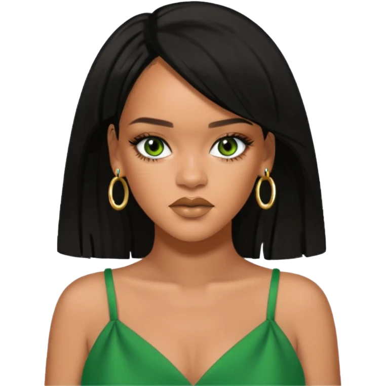Rihanna black hair, hazel eyes, green dress emoji