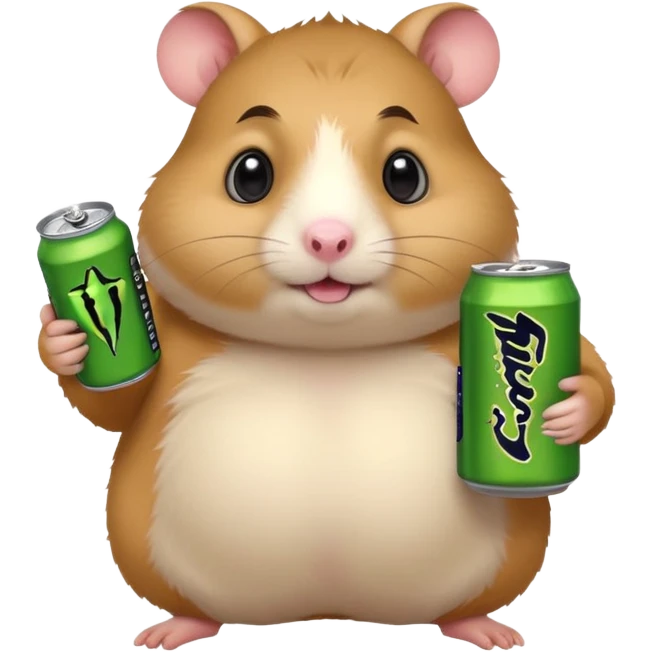 Funny cartoon-style fat hamster with big wide eyes  holding a can of monster energy in one hand and redbull in the other hand emoji