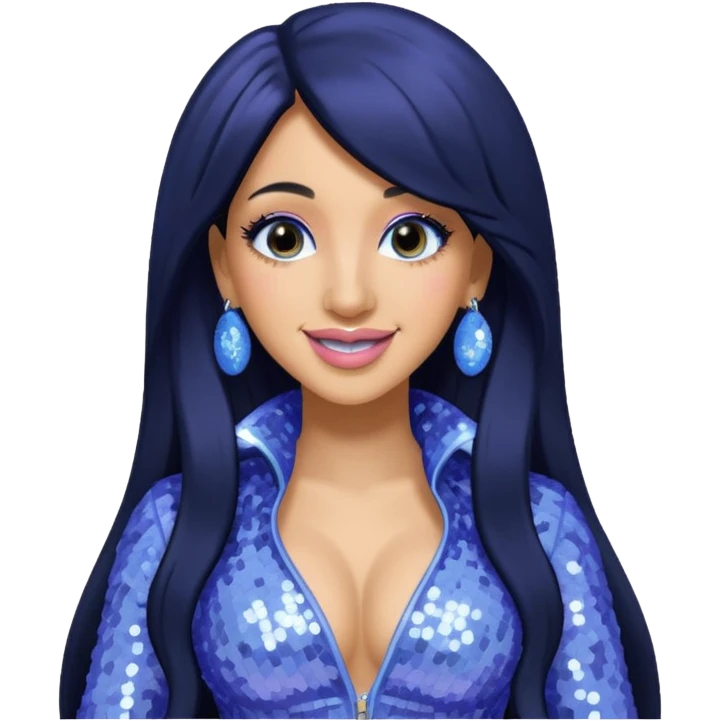 Cardi B with long black hair, light periwinkle sequin outfit emoji