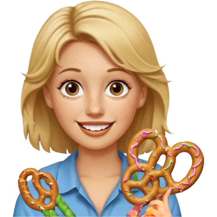 Woman with Dirty blond hair, fair skin with freckles,  holding pretzels and winking one eye emoji