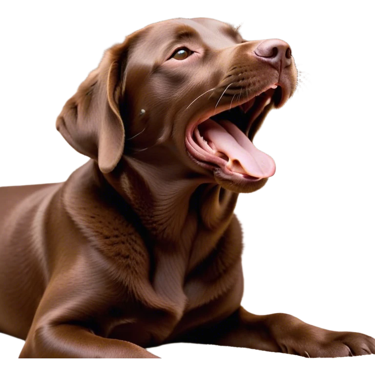 Cinematic Cute Yawning Chocolate Labrador Portrait Emoji, Head tilted slightly with a dramatic, wide-open yawn, showcasing a smooth chocolate Fur with a velvety texture, floppy ears slightly drooping, round brown eyes barely open in drowsy contentment, Simplified yet irresistibly adorable features, highly detailed, glowing with a soft, cozy glow, high shine, relaxed yet expressive, stylized with a touch of whimsy, bright and endearing, soft glowing outline, capturing the essence of a sleepy yet affectionate companion, so drowsy it feels like it could stretch out of the screen and curl up for a nap! emoji