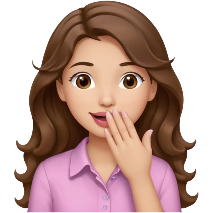 girl with wavy long brown hair, brown eyes, light to medium complexion, long lashes, light pink lipstick, wearing light pink shirt, sexy, gigling hand covering mouth emoji