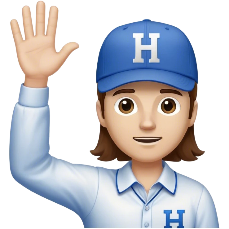 White Man with mid-length brown hair wearing blue baseball hat with the letter H on it. Hand waving. He is wearing a collared white dress shirt with nothing on it.   emoji