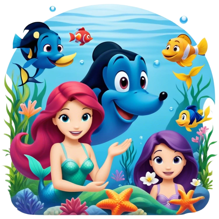 Colorful icon for Animated Movies: A vibrant collage featuring iconic characters like Goofy, Mickey Mouse, Ariel the Little Mermaid, Jasmine, Masha and the Bear, and Luntik. Each character should be large and bright, set against a cheerful and playful background. Transparent background. emoji