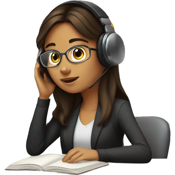 Brunette Female with headphones Studying in library emoji