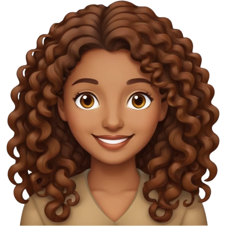 "- Nữ
- 30 tuổi
- Da nâu
- Tóc xoăn nâu, dài 
- Mặt cười mỉm
- Đổi ngôi tóc emoji