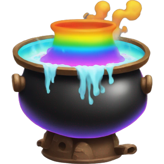 black Cauldron with rainbow potion and white steam, under the kettle are fire emoji