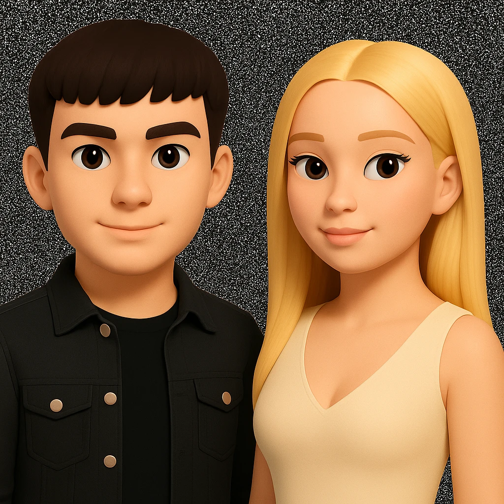 Slightly increase the volume of the upper body of the girl, separate the girl and the boy from each other, and make the skin color the same for both characters. Maintain the cartoonish 3D style in the edit. emoji