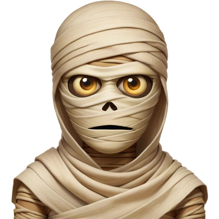 Cinematic Comical Mummy Portrait Emoji, with a humorously disheveled, oversized bandaged form in warm, faded hues, head cocked in a dramatically shocked expression with comically wide eyes peeking through the bandages, simplified yet hilariously expressive, highly detailed with a soft glowing outline that captures the absurd charm of an ancient mummy in playful astonishment! emoji