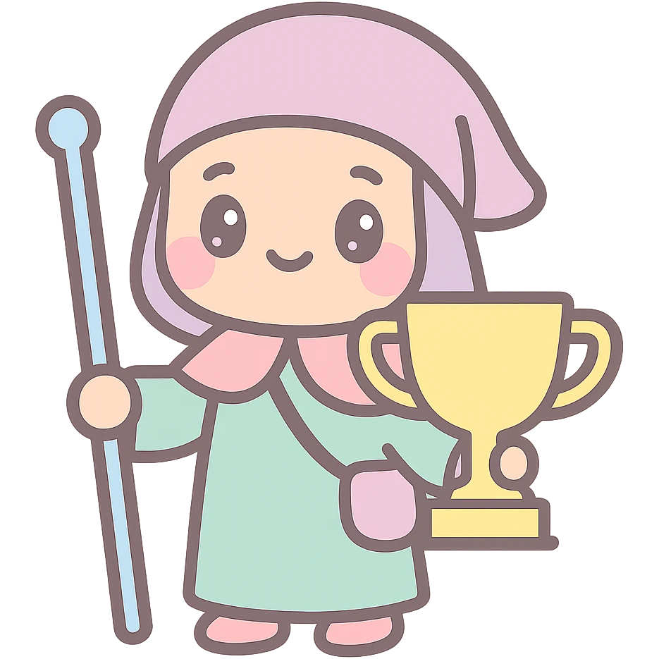 kawaii medieval pilgrim with a trophy, smiling, blushing cheeks emoji