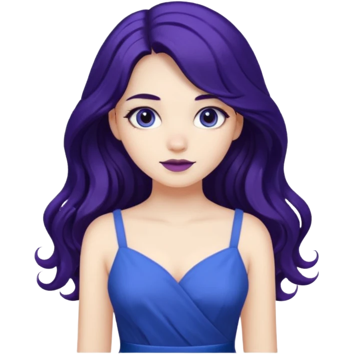 long wavy dark purple hair, white skin and blue dress girl emoji