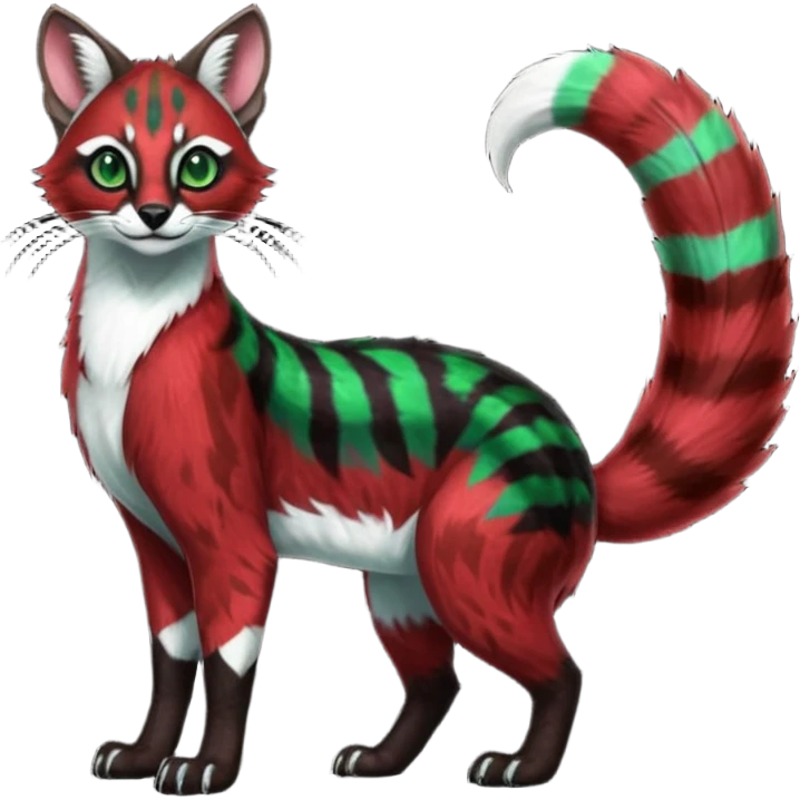 Colorful dark tropical sanguine-red, black, white fur, with green eyes, iridescent glorious divine exotic cute cool beautiful shiny beautiful fantasy-caracal-civet-genet-sergal-vernid-Cacomistle-oncilla-animal-Fakémon-hybrid-fursona with pattern markings (full body) emoji