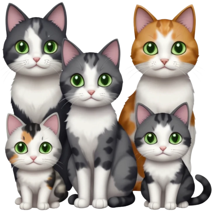 3 different coloured small cats including a dark grey and white, and a patchy calico and a completely solid dark grey with green eyes and only white paws emoji