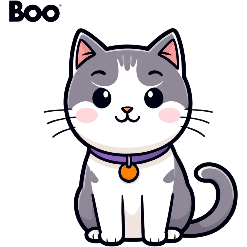 black and white cat with collar that says Boo emoji