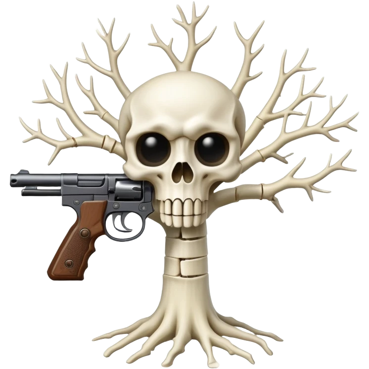 a tree made of bones with eyes holding a gun emoji
