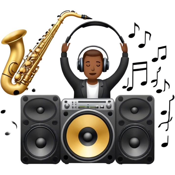 Icon for R&B Music Listening: large concert speakers and headphones with waves of musical notes coming out, along with drums and bass guitar and saxophone. The icon should convey the energetic and rhythmic vibe of R&B music. Transparent background emoji
