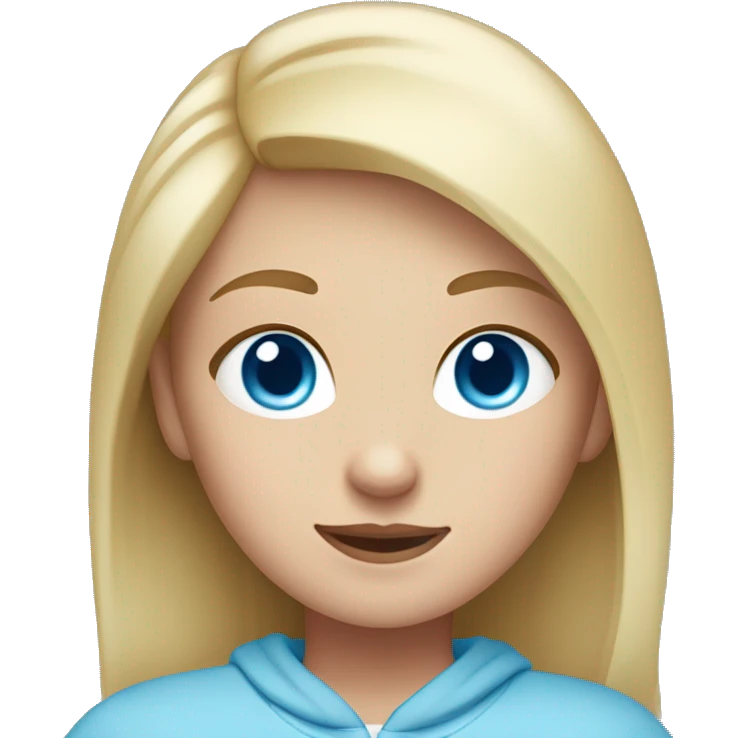 A girl with blue eyes and blonde hair and whitwhite skin and wearing a light blue sweatshirt emoji