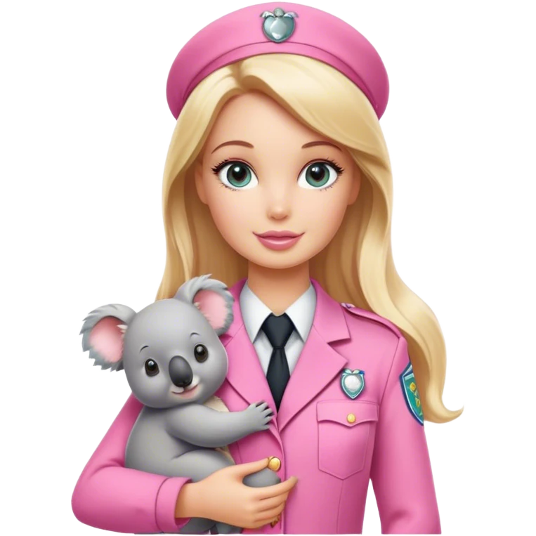 Blonde Barbie model, zookeeper holding koala, pink uniform emoji