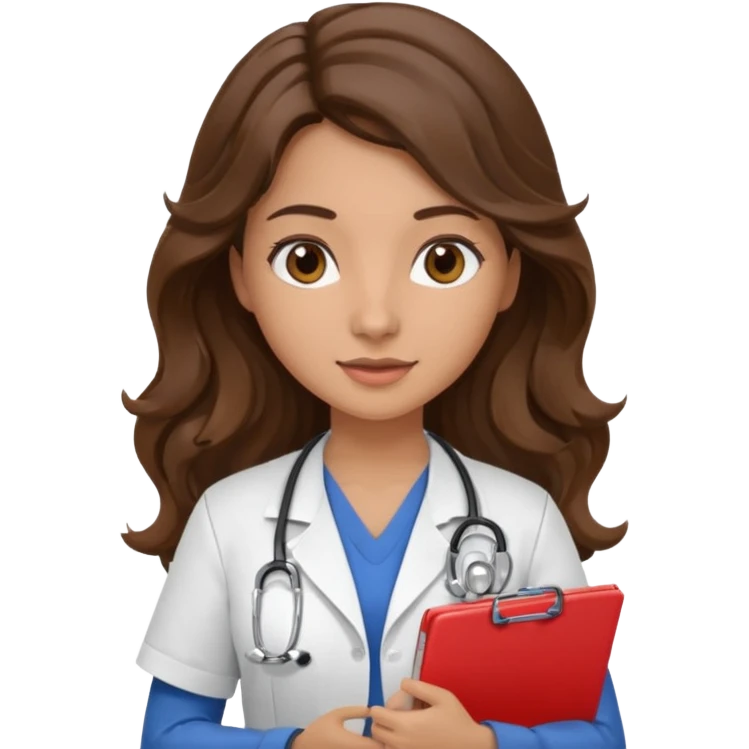make a brunette nurse with long brown wavy hair and brown eyes holding a clipboard. she should also have a stethoscope around her neck. emoji