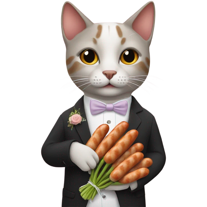 A cat getting married instead of a bouquet of sausages emoji