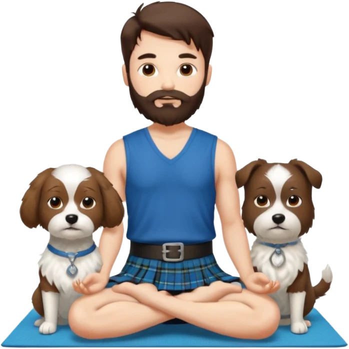 emoji of brunette man with beard wearing kilt, brunette woman in yoga outfit and white fluffy dog emoji