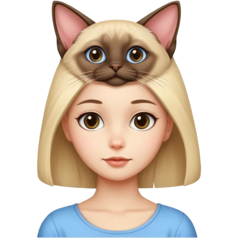 cute girl with a siamese cat perched on her head emoji