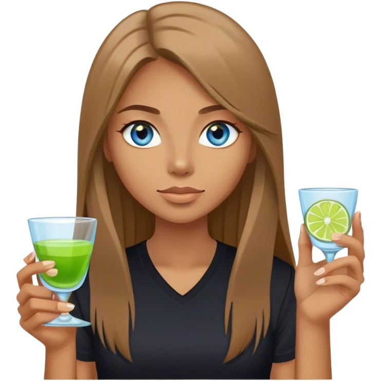 tan woman, black shirt, long light brown straight hair, grey blue eyes, holding a shot with lime emoji