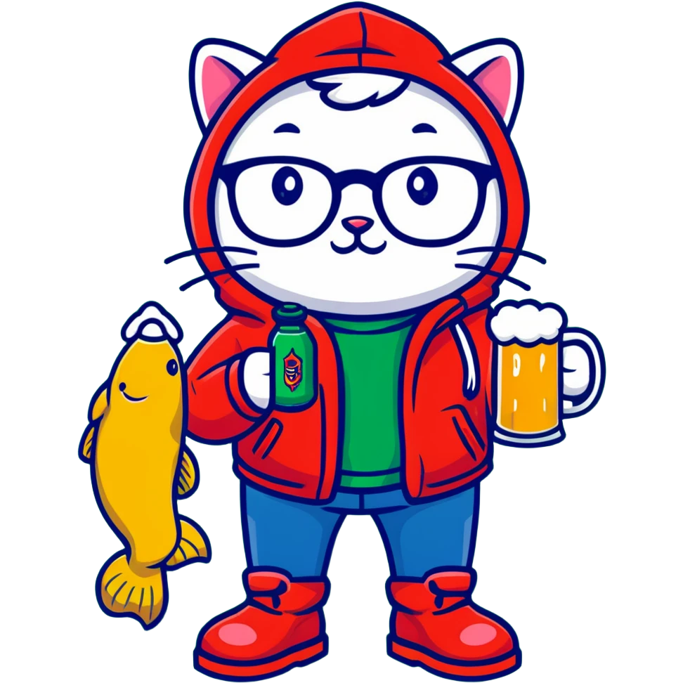 Catfish wearing a red hooded winter jacket, round glasses, blue jeans, red boots, holding a beer can with red label emoji