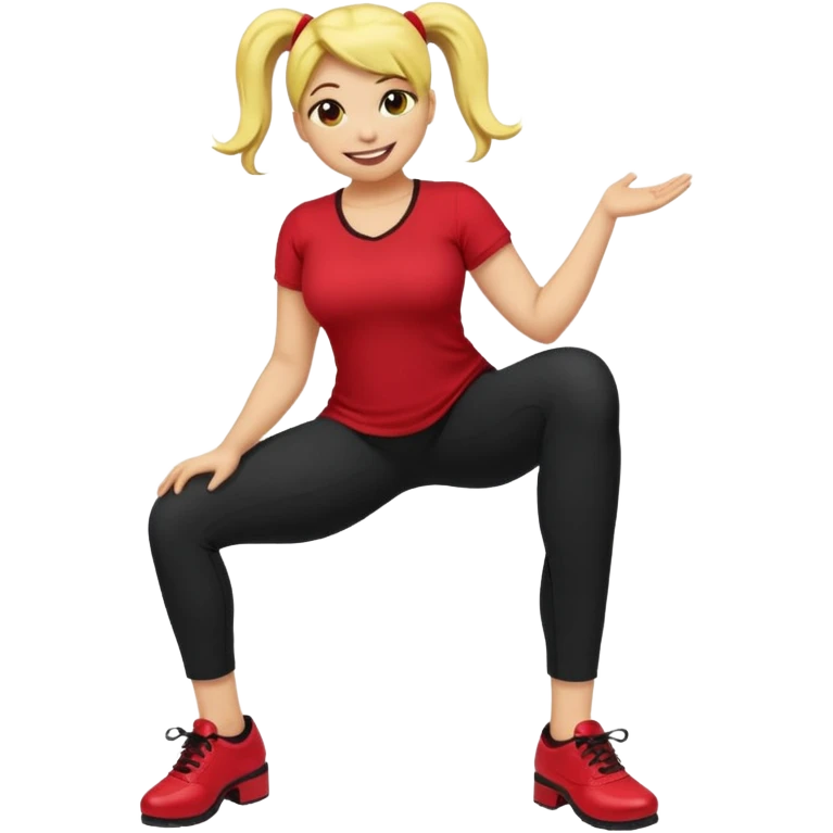 
A smiley yellow emoji (like 😊) with a ponytail, red shirt, big breasts, black pants, ass and red shoes. Also Make it more like emojis like 😀😃😇☺️😜🥰😎 emoji