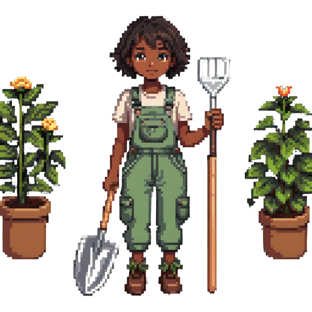 Beautiful brown skin girl with dark short hair wear garden overalls holding garden tools emoji