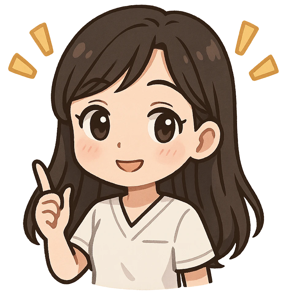 3D chibi bitmoji style sticker of a girl with long dark hair, white medical top, kind and smart face with exclamation marks, white outline, transparent background emoji