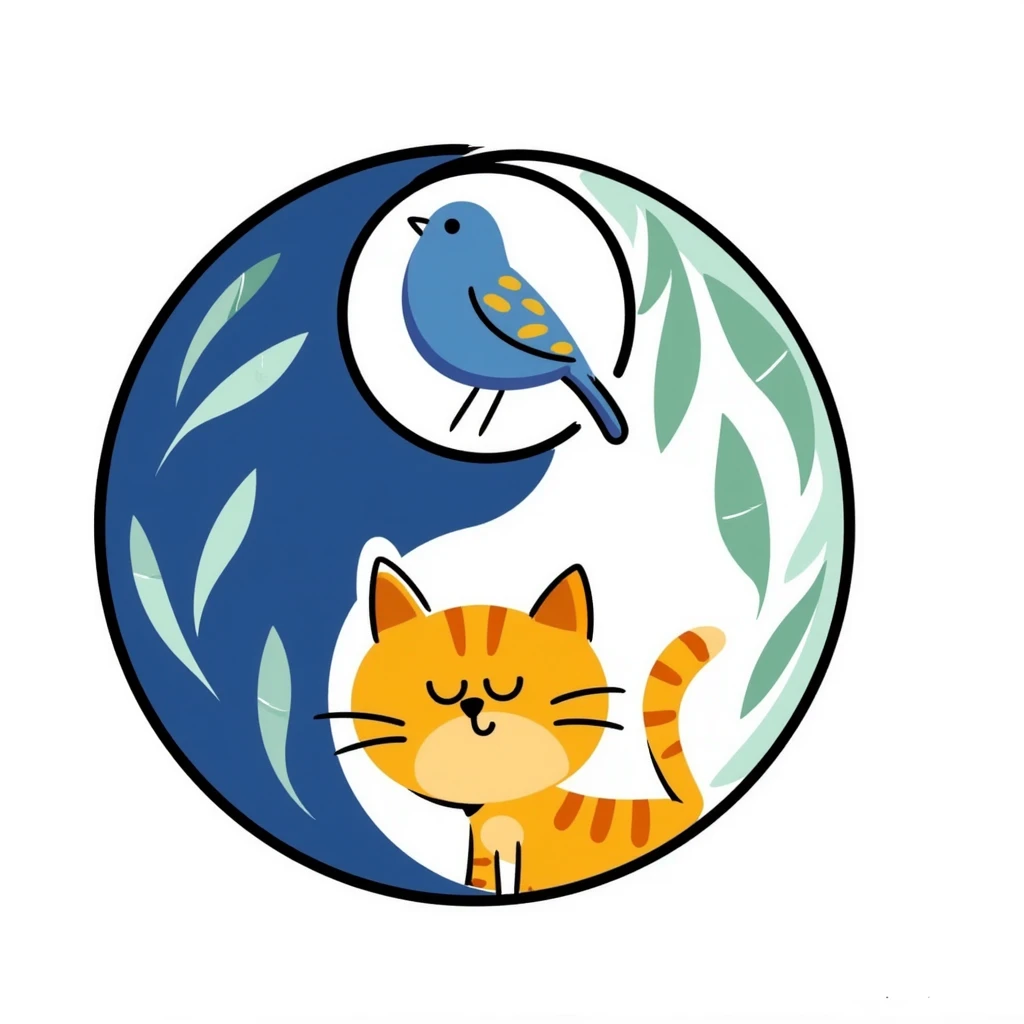 A colorful yin-yang symbol in blues and oranges with gentle leaf patterns in green, representing harmony and balance. Hand-drawn doodle style with vibrant colors. emoji