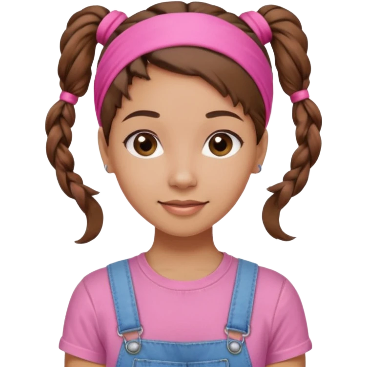 light skin woman with nice brown hair tied together in a one hairtie, wearing a pink t-shirt, demin overalls and pink wraparound hairband. expression is friendly, warm and enthusiastic.  emoji