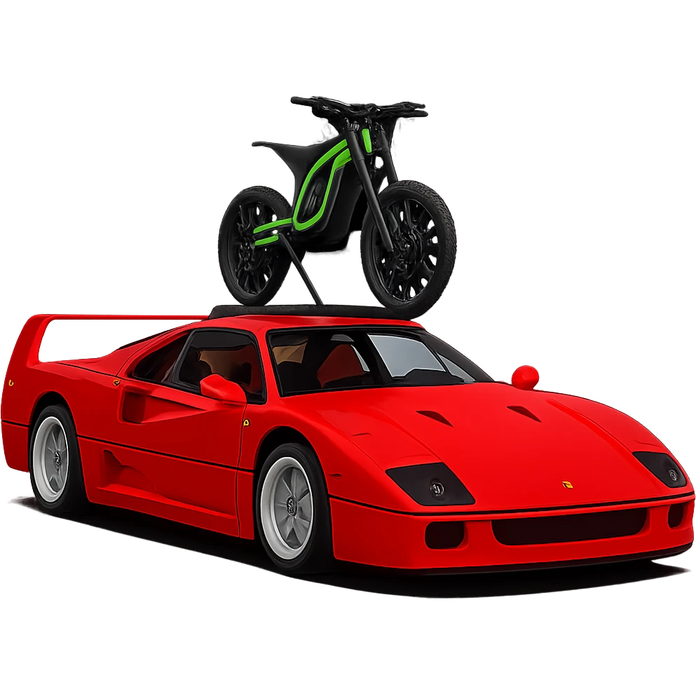 Make the single Sur-Ron electric bike with a green frame on the roof rack much smaller in proportion to the Ferrari F40, to proper scale. Keep the background transparent. emoji