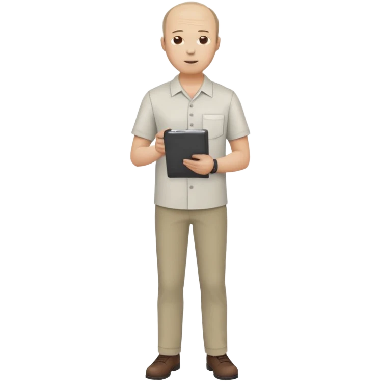 man, mid 30's shirt and trousers balding hairline, full body, standing, holding a clipboard emoji