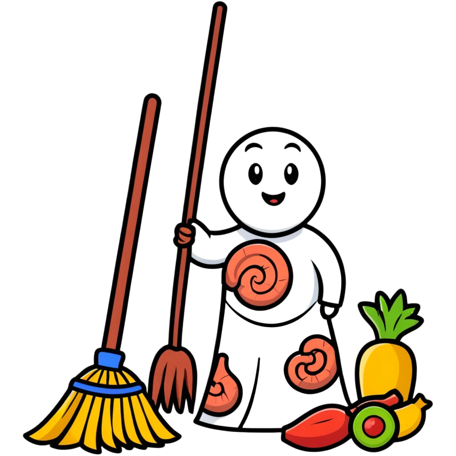 Friendly broom character sweeping through intestines, representing how fiber cleans the digestive system, surrounded by healthy food symbols emoji