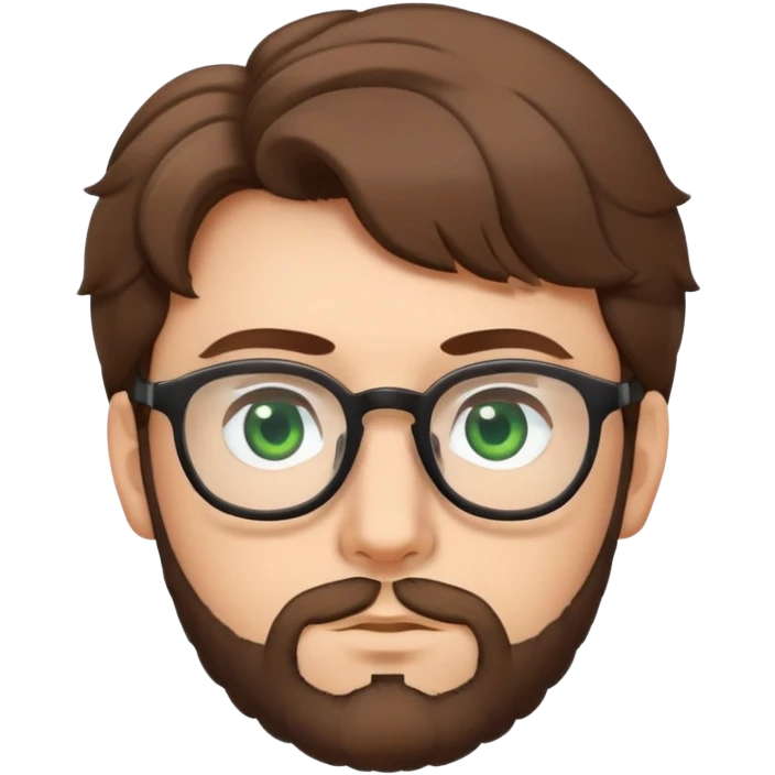 Young man with slightly curled brown poofy hair, green eyes wearing glasses, wide face with eyes set apart, bigger ears, and stubble but not a full beard emoji