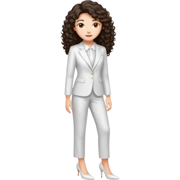 Chica joven con una sonrisa suave con cabello largo rizado y oscuro, piel clara, vestida con un traje blanco elegante y tacones bajos blancos emoji