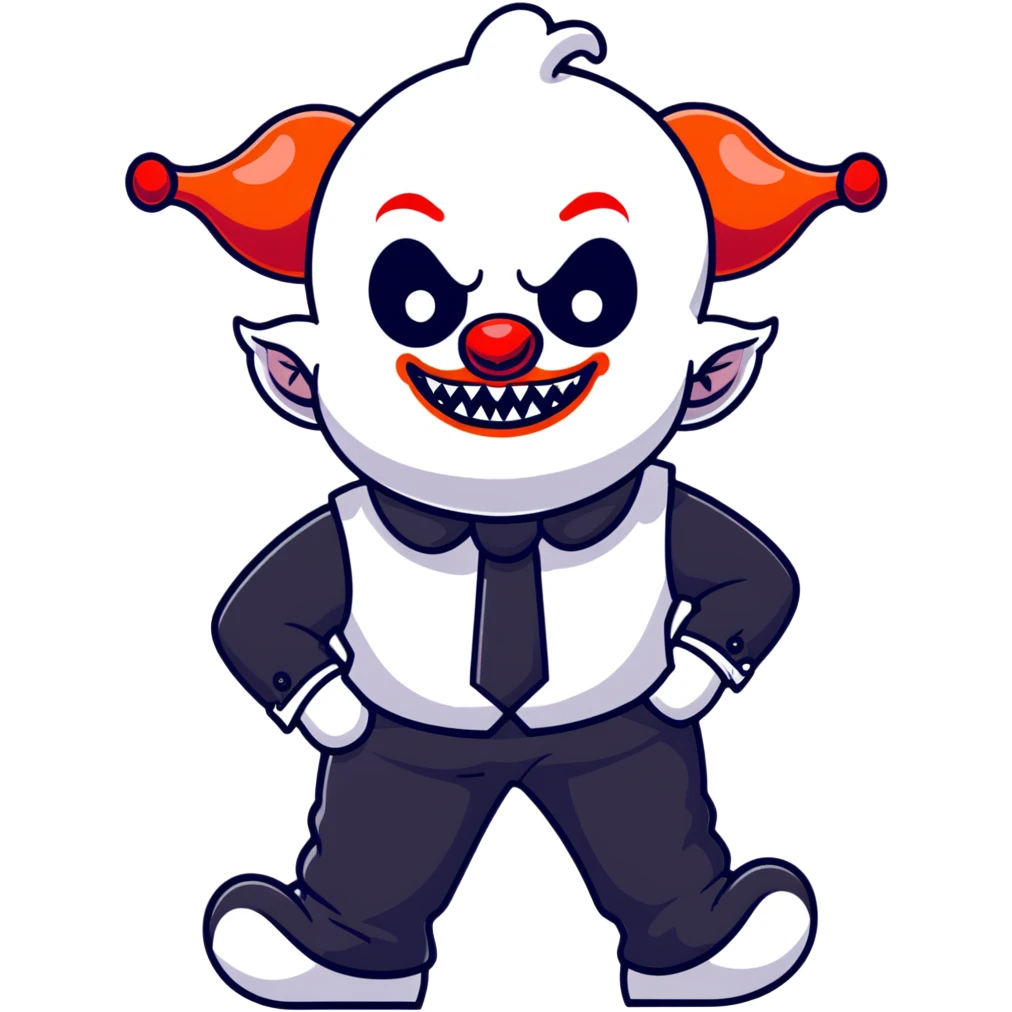 full-body demonic clown in black and white leisure suit with bellbottom pants, bald, black ram horns, flashy black and white belt, ruffled white shirt, no neck tie, large fangs, cartoon sticker style emoji