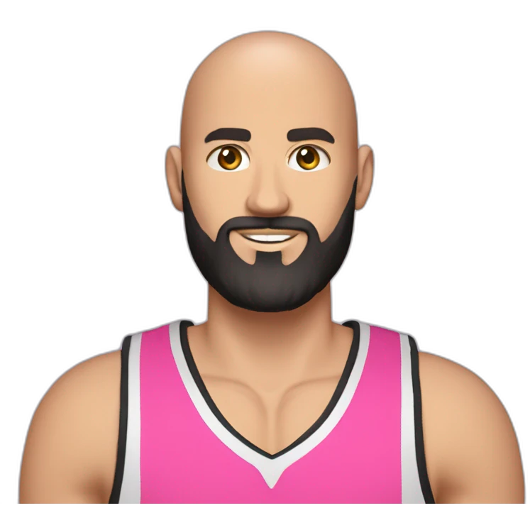 Caucasian basketball player, bald, with black beard, wearing pink jersey (miami style) no 10 and holding a basketball emoji
